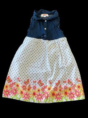 👣 5/$25  - White/Blue Floral & Polka Dot Print Dress w/ Chambray Bodice
